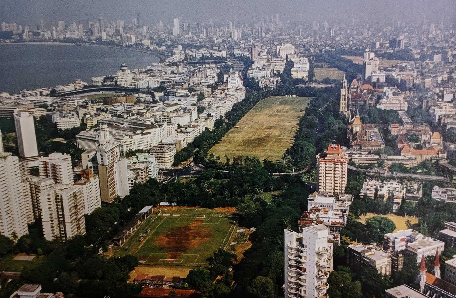 View of Oval Maidan with 19th Century Victorian Buildings (right) and 20th Century Art Deco Buildings (left) on either side © Book: Above Bombay, Jehangir Sorabjee
