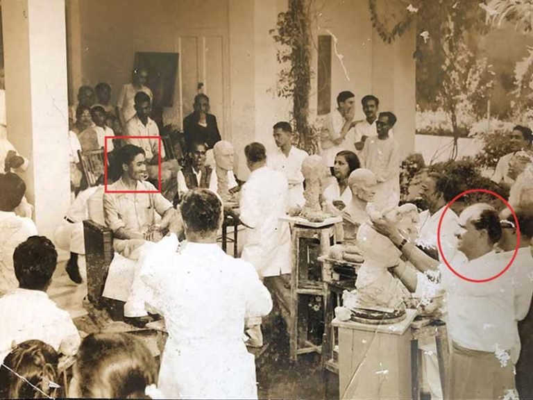People from the art community surround a smiling Tenzing Norgay, mountaineer and Sherpa (seated, in square highlight) and one half of the duo (the other being Sir Edmund Hillary) that was the first to reach the summit of Mt. Everest in 1953. Pansare is seen in the extreme right (in circle highlight), while fellow sculptor Mr. Kamat stands next to him sculpting a bust (presumably Tenzing Norgay’s); Source: Pansare Family Archive
